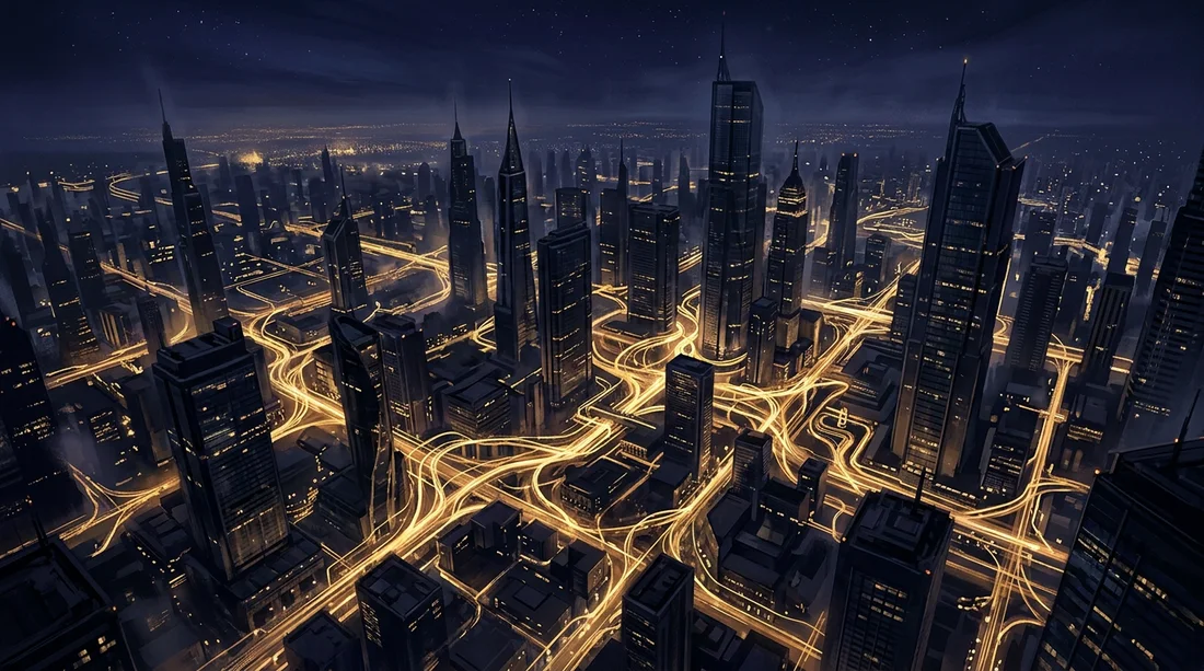 A night skyline threaded with golden light