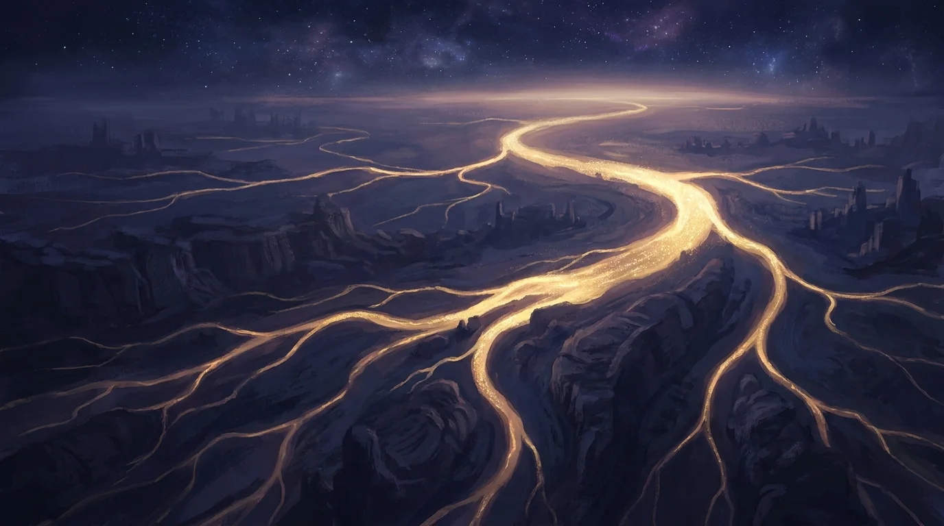 Branching golden paths of light across a dark landscape — many futures, one bright
