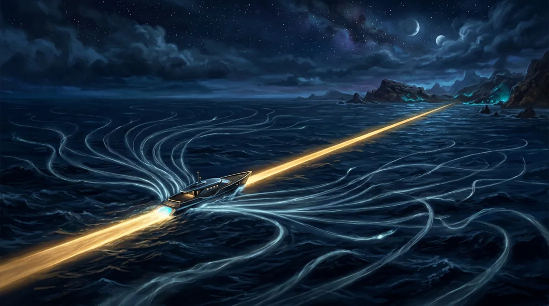 A vessel following one bright path across a dark sea of possible routes